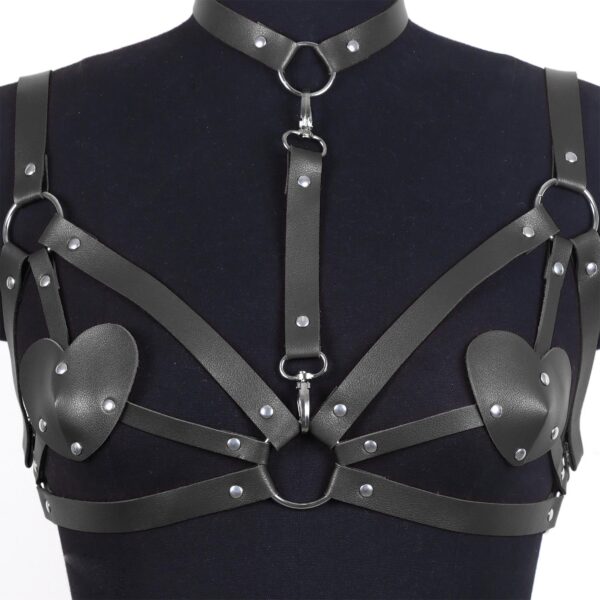 Kalp Detaylı Deri Vücut Harness Takımı Siyah - Görsel 4