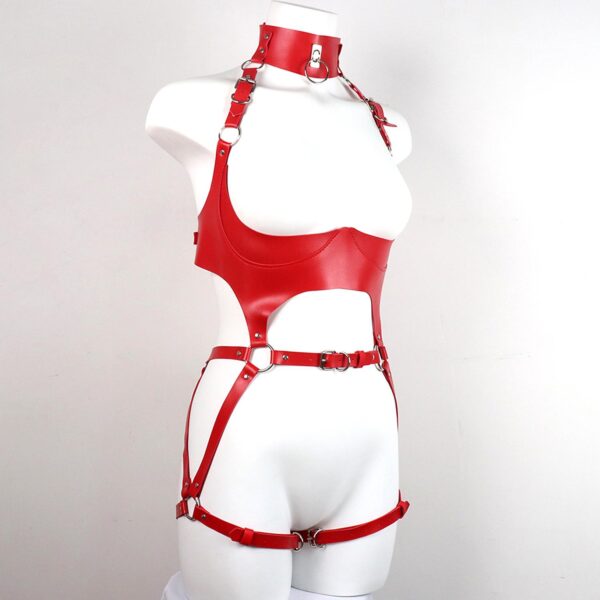Kırmızı Deri Tam Vücut Harness Takımı - Görsel 4