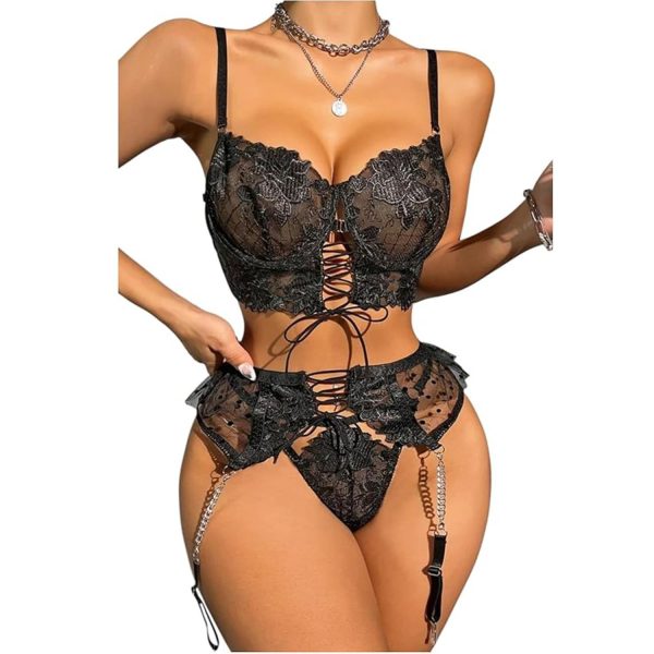 Büstiyerli Dantel Fantazi Jartiyer Takım Siyah - Görsel 1