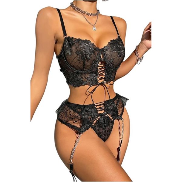 Büstiyerli Dantel Fantazi Jartiyer Takım Siyah - Görsel 2