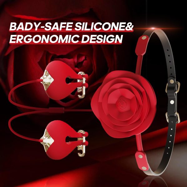 Pembe Tilki Gül Tasarımlı Ağız Tıkacı ve Titreşimli Meme Kıskaç Seti - Görsel 3